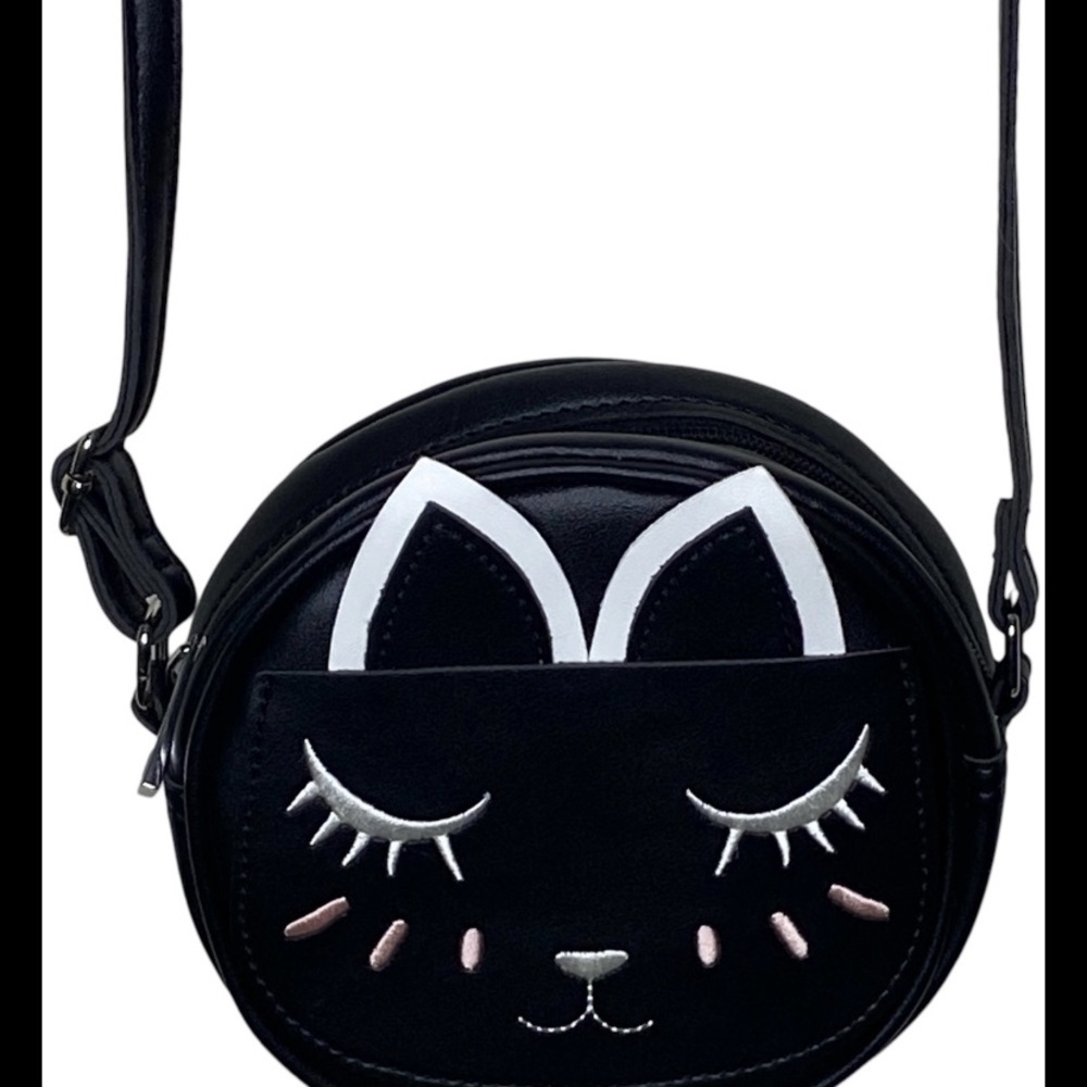 Black Cat Face Sleeping Round Pocketbook Shoulder Bag Extra Long Strap Zippered
